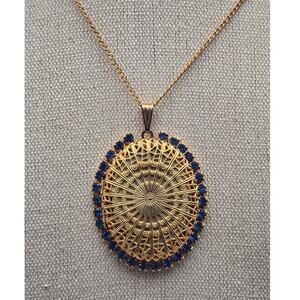 Medallion Blue Rhinestone Necklace Gold Filigree Oval Pendant Romantic Glam